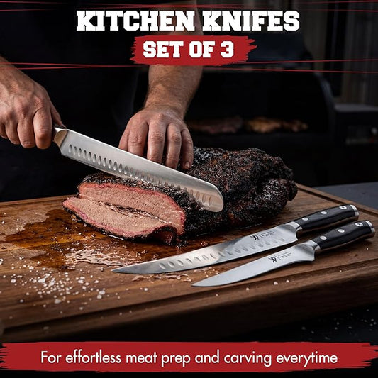 KITCHEN PERFECTION 3-Piece BBQ Slicing & Carving Meat Knife Set -12” Brisket Knife, 10” Butcher Knife, 6” Boning Knife with Sheaths -Razor Sharp German Steel,Full Tang Ergonomic Handles- Gifts for Men