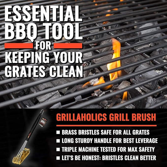 Grillaholics Brass Grill Brush โ Safe BBQ Brush for Outdoor Cooking โ Heavy-Duty Soft Bristle Grill Cleaning Tool for Porcelain & Ceramic Grates