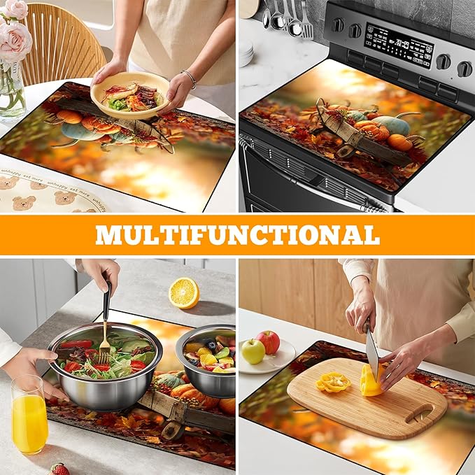 Multi-Design Stove Cover for Glass/Electric Stoves - 3-in-1 Heat-Resistant Protector Mat, Non-Slip Drying Rack 28"x20"