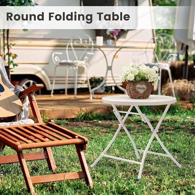 TeoKJ Folding Small Outdoor Side Table, Anti Rust Patio Metal Table | Metal Round Anti Rust Patio Desk, Small Nightstand with Flower Cutouts, for Yard, Balcony, Lawn, Pool, Lightweight, White