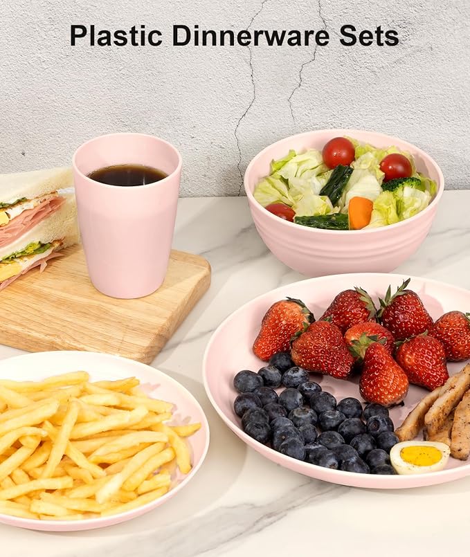 Quatish 24 Piece Plates and Bowls Sets for 6, Unbreakable Dinnerware Sets, Plastic Dish Set for Camping, Dishwasher Microwave Safe, Outdoor Kitchen and Apartment Dorm Dinning RV Essentials, Pink
