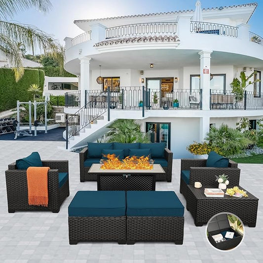 Outdoor Patio Furniture 60000 BTU Outdoor Propane Fire Pit Table Patio Furniture Set 45 In Outdoor Fire Pits 7 Pieces Patio Sofa Outdoor Chairs Anti-slip Cushions Waterproof Covers, Peacock Blue