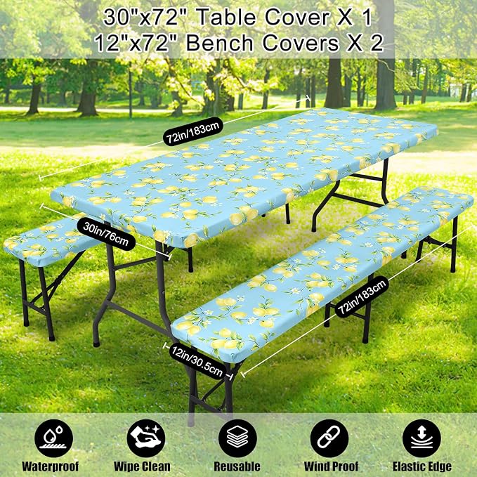 Smiry Picnic Table Cover with Bench Covers, Waterproof Elastic Fitted Tablecloth for 6 Foot Tables, Washable Polyester Tablecloths for Camping, Indoor & Outdoor (Lemon, 30x72 Inch 3-pc Set)