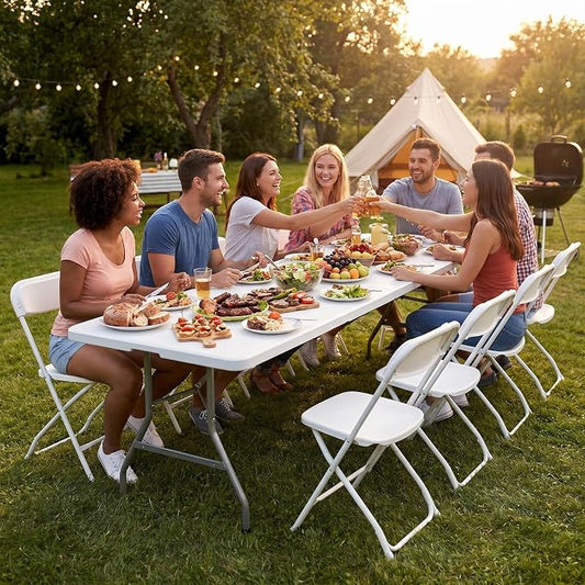 Sweetcrispy 8 FT Folding Picnic Table 2 Pack, Easy to Fold and Store, Foldable Table for Camping Picnic Dining Party Kitchen Outdoor Indoor with Carrying Handle