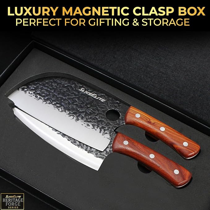 SliceElite 2PCS Hand-Forged Chef Knife Set | Serbian & Cleaver Knives for Meat & Veg Cutting | Professional Kitchen Knife with Gift Box for BBQ Cooking