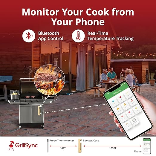 Grill Sync Wireless Meat Thermometer for Grilling, Smoking, Bluetooth Cooking with Dual Sensor Probe, Smart App Control for Grill, Smoker, Oven, Air Fryer, Waterproof Probe, USB-C Charging Case