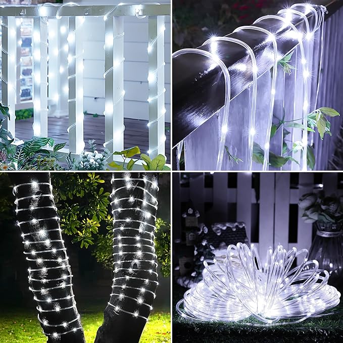 Jnaurb Solar Rope Lights, 66ft 200LED Solar String Lights, 8 Modes Waterproof Solar Outdoor Light, Flexible Clear Trampoline Light for Garden Backyard Patio Deck Porch Pool Tree Decor - White