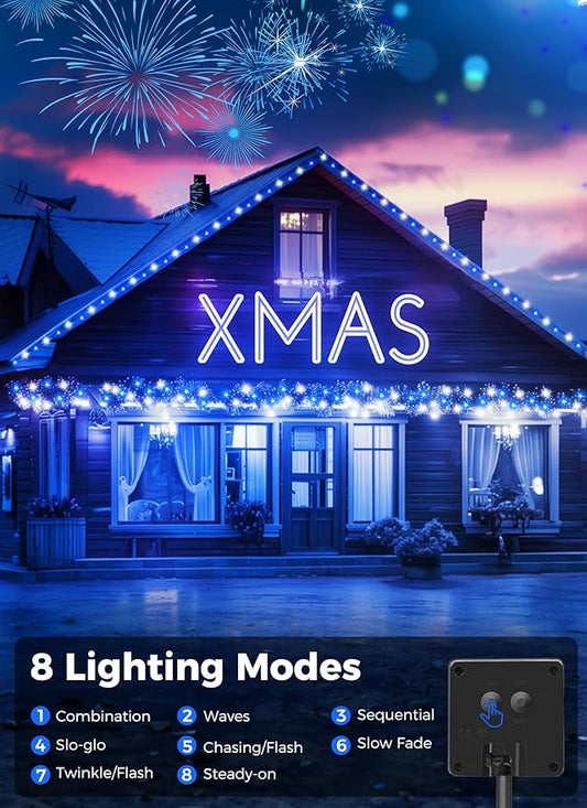 Minetom Solar Christmas Lights Outdoor Waterproof - 40FT 100 LED With 8 Modes - Decoration for Outside House, Tree, Party, Yard - Blue & Pure White