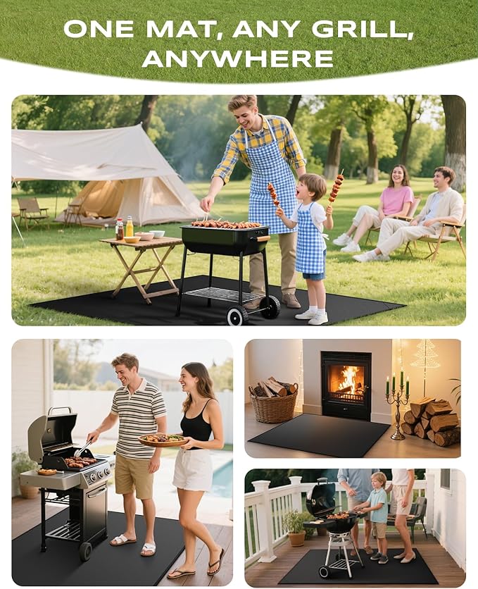 Non-Curl 48x40 inch Under Grill Mats for Outdoor Grill, Indoor Fire Pit Hearth Rugs for Fireplace, Double-Sided Fireproof, Oilproof & Waterproof BBQ Grill Mat, Easy to Clean,for Deck/Patio/Lawn