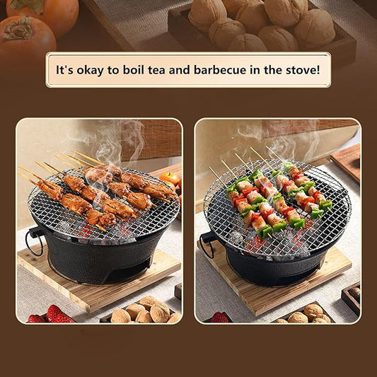 Removable Round Charcoal Barbecue Grill Hibachi Grill Portable Desk Tabletop BBQ Grill with Handle Wooden Anti-scalding Baseplate for Camping Picnics Garden Beach Party(Large)