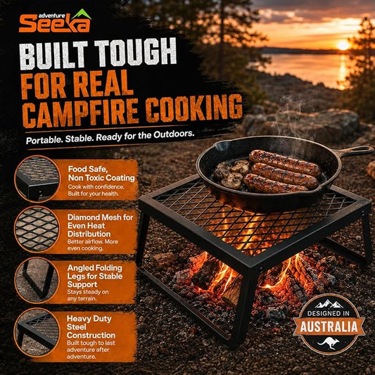 Adventure Seeka Folding Campfire Grill – Portable Over-Fire Grill with Food-Safe Coating, Heavy Duty Steel, Compact with Folding Legs - Camping, RV, Overlanding, Fire Pits
