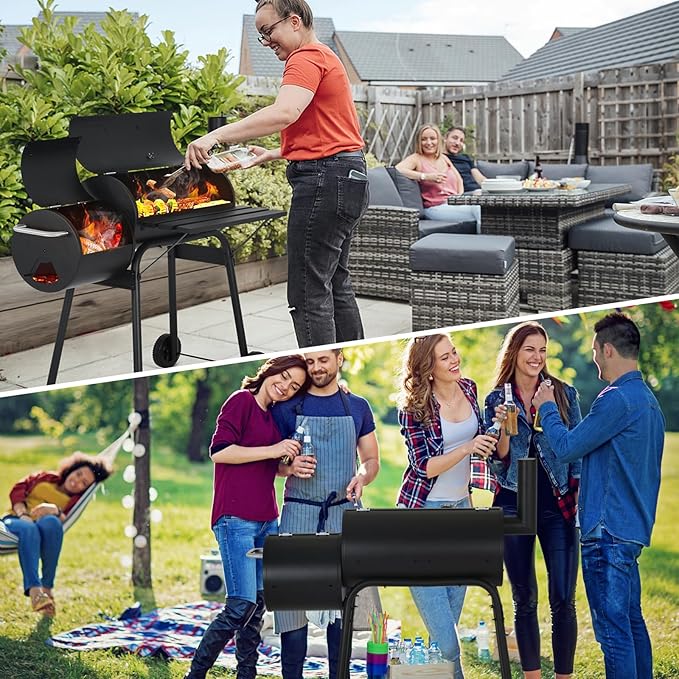 43"Charcoal Grills with 2 Wheels Portable Charcoal Grill Side Fire Box, Outdoor BBQ Grill for 6-10 People Patio Backyard Camping Picnics, Black