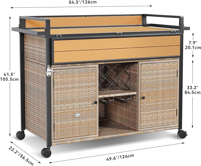 YITAHOME XL Outdoor Kitchen Wicker Island Rolling Cart Bar Table & Storage Cabinet, Wheels and Plastic Wood Extended Table Top, Double Handle for Patio Kitchen or Bar Cart,Light Yellow Gradient