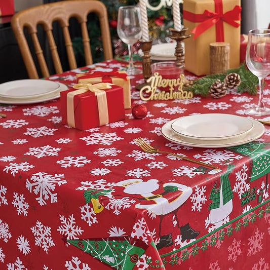 NLMUVW Vinyl Christmas Tablecloth with Flannel Backing 100% Waterproof Rectangle Red PVC Table Cloth Wipe Clean Table Cover for Dining Party Outdoor, Snowflake, 60 X 102 Inch
