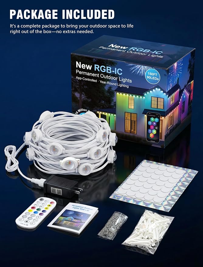 Permanent Outdoor Lights for House,150FT RGB+IC Smart Lights | 90 LEDs,App/Remote Control,IP67 Waterproof,DIY Color-Changing String Lights For Eaves,Xmas,Halloween And Party Decor