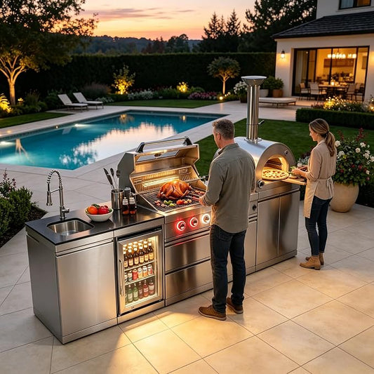 104" Modular Outdoor Kitchen Island With Grill And Side Burner, 4-burner 72,000 Btu Propane Bbq Island, Refrigerator, Separate Sink & Prep LP-Silver (with pizza oven) 108000BTU/112 Inch