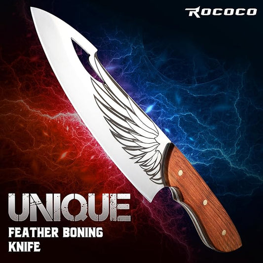 ROCOCO Cleaver Knife for Meat Cutting Butcher Viking Boning Knife Hand Forged In Fire Chopping Cutter with Sheath Outdoor BBQ Camping Birthday Christmas Chef Gift Idea Men 8.4"