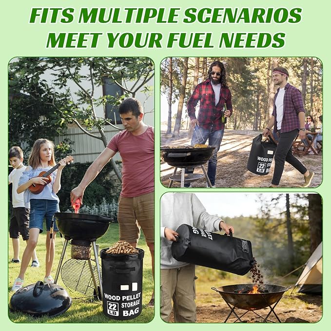 2PCS 22LB Waterproof Wood Pellet Storage Bag - Dual Handles, Label Pocket, Portable BBQ Smoker Pellet Storage Containers Bin, Stay Dry Pellet Grill Accessories for Fuel, Charcoal, Wood Chips