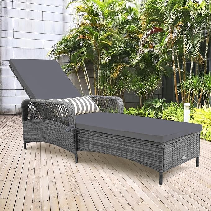 Tangkula Wicker Chaise Lounge Outdoor Set of 2, Patio Rattan Reclining Chaise with 6-Gear Adjustable Backrest, Thick Padded Cushion & Removable Lumbar Pillow, Pool Lounge Chairs (Grey)