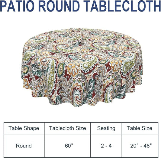 Outdoor/Indoor Round Tablecloth with Umbrella Hole Zipper, Decorative Circular Table Cover for Home Garden, 60 Inch, Paisley Chilli