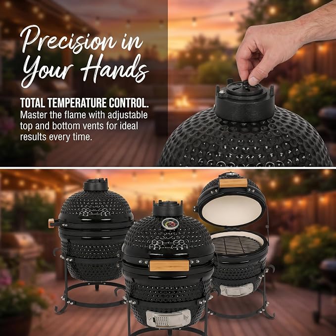 Ceramic Charcoal Grill, 13 Inch Kamado BBQ Grill for Outdoor Cooking, Heavy Duty Ceramic Smoker and Roaster with Superior Heat Retention, Fuel Efficient Outdoor Grill, Black