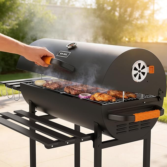 KEYO GRILL 29-Inch Barrel Charcoal Grill, Adjustable Vent Heavy-Duty Outdoor Barbecue Grill with Height Adjustable Charcoal Pan,Warming Rack Outdoor BBQ Grill for Backyard, Patio and Parties, Black