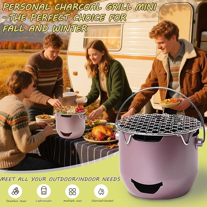 Portable Charcoal Grills, Mini Charcoal BBQ Grill Stainless Steel, Small Outdoor Cooking Grill for Camping, Grilling Backyard, RV, Picnic (Purple)