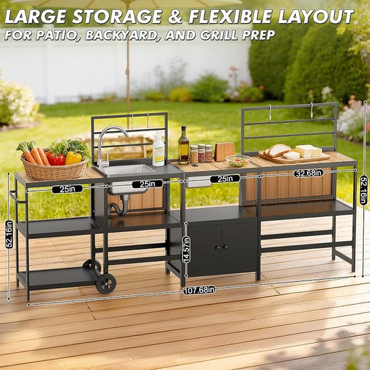 LEVELEVE Modular Outdoor Kitchen Island 4-Piece Set, Aluminum Outdoor Kitchen Cabinets Prep Station with Sink, Storage Cabinets & Shelves for Patio, Backyard & Deck