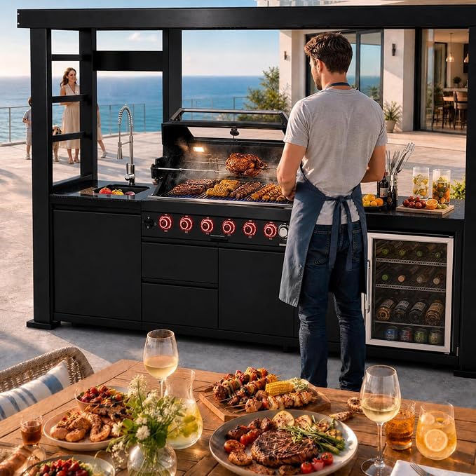 94.3" 6-Burner Modular Outdoor Kitchen Island, 85000 BTU Propane Gas Grill | Rear Infrared, Galvanized Steel Roof, Granite Countertop, Fridge, 360° Pull-Out Faucet,304 Sink, Rotisserie