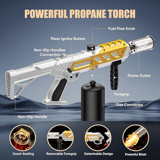 Koackl Powerful Propane Torch, Blow Torch with Adjustable Flame, Flamethrower Kitchen Torch Burner Gas Welding Kits for Grill, BBQ, Searing Steak, Camping & Charcoal Torch Lighter Golden