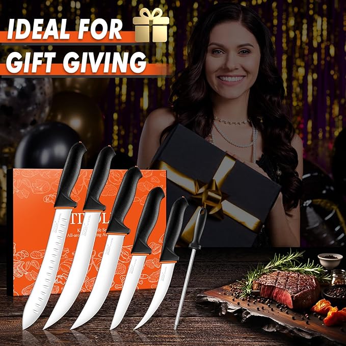 TIVOLI Butcher Knife Set 6pcs - Game Processing Knife Set with 7" Sharpener Rod - Non-Slip Softgrip & German Stainless Steel - Skinning Boning Trimming Poultry Knives for Meat Cutting - Gifts for Men