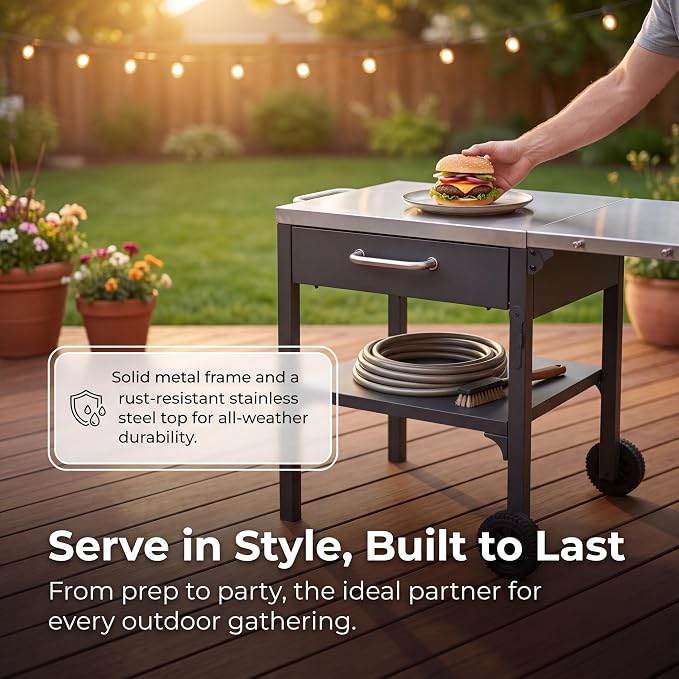 55” Outdoor Grill Table with Storage Cabinet & Folding, Metal | Stainless Steel Top Grill Cart for Kitchen with Wheels & Hooks, Kitchen Island Prep Table/Pizza Oven Table for BBQ Backyard