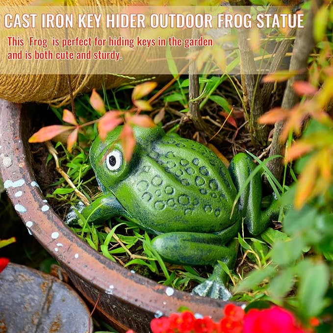 Sungmor Cast Iron Outdoor Frog Key Hider, Garden Statue–Antique Green | Hide Spare Key Holder for Outside, Small Garden Frog Statue Lawn Ornament, Indoor Decoration Jewelry Trinkets Box