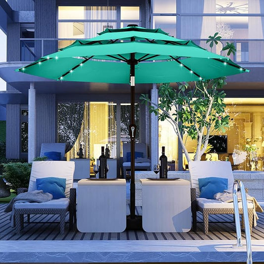 Kingdura 9ft 3-Tier Patio Umbrella with Solar Lights, Table Umbrella Outdoor Patio with Easy Crank & Tilt, 8 Sturdy Ribs, UV Protection, 32 LED Lights for Deck, Poolside, Market (Tiffany blue)