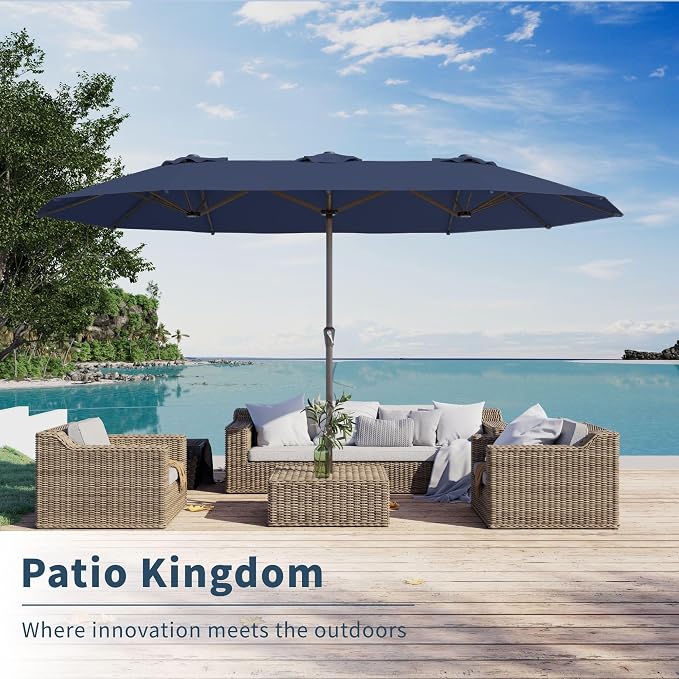 PatioKingdom 15FT Large Patio Umbrella with Base, Double Sided Rectangular Outdoor Umbrella with Sturdy Fiberglass Ribs, Market Umbrella for Pool,Garden,Backyard,Deck (Navy, 15FT)