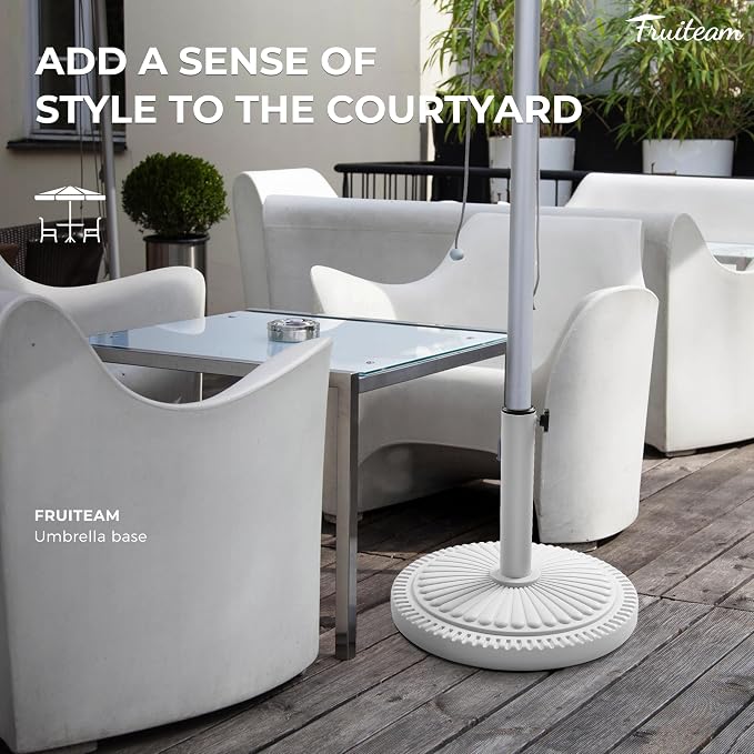 FRUITEAM 33-lbs Round Patio Umbrella Base Pre-Filled Umbrella Stand 17.7" Sun-Flower-Pattern Heavy Duty Market Umbrella Base Stand for Patio, Outdoor, Swimming Pool, White