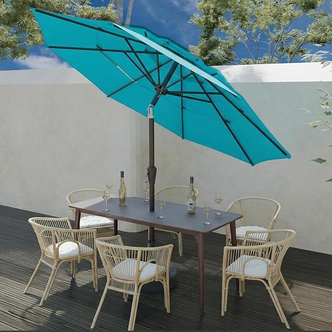 10FT Patio Umbrella 3 Tiers Outdoor Market Umbrella w/Push Button Tilt, Crank, UV and Waterproof Table Umbrella for Garden, Pool, Backyard, Deck, Lawn, Sky Blue