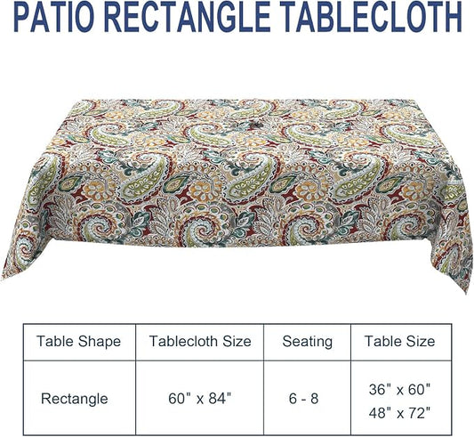 Outdoor Rectangle Tablecloth, 60×84 Inch Water Repellent Picnic Table Cover with Umbrella Hole Zipper for Patio Family Meal, Paisley Chilli