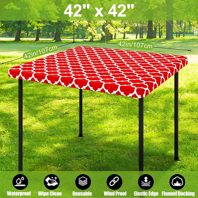 Smiry Picnic Fitted Table Cover, Square Flannel Backed Vinyl Tablecloth | Waterproof Elastic Stretch Table Cloth, Wipeable Plastic Tablecloth for Camping, Indoor & Outdoor (Red, 42" x 42")