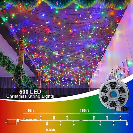 QITONG 500 LED 165ft Multicolor String Lights Outdoor Waterproof, Twinkle Lights with 8 Modes, Green Wire Christmas String Lights Plug in