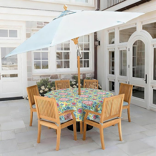 LVTXIII Round Outdoor Tablecloth with Umbrella Hole and Zipper, Water-Repellent 60 Inch Patio Table Cover for Bistro, Garden, Patio & Picnic, Damask Red