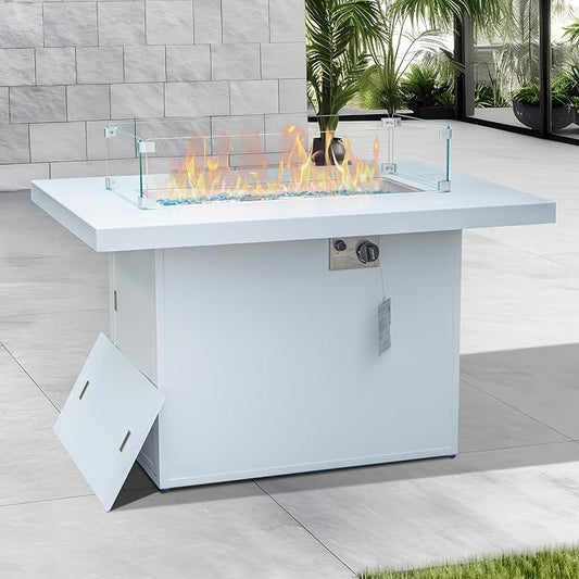 BULEXYARD 43" Aluminum Outdoor Propane Fire Pit Table, 60,000 BTU Rectangular Firepit Coffee Table with Wind Guard & Glass Stone, Large CSA Safety Approved Fireplace for Backyard Deck Garden, White
