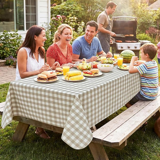 Seenus Khaki Gingham Flannel Backed Tablecloth for Cottage Farmhouse Decor, Waterproof & Easy Clean Checkered Table Cloth for Summer Camping, Outdoor Picnic & Large Banquet Party, 54 x 108 Inch
