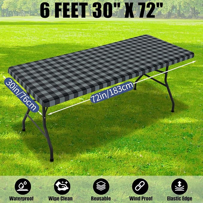 Smiry Picnic Table Cloth 2 Pack, Waterproof Elastic Fitted Tablecloths for 6FT Rectangle Tables, Washable Polyester Buffalo Plaid Tablecloth for Camping & Outdoor (Black & Grey, 30" x 72")
