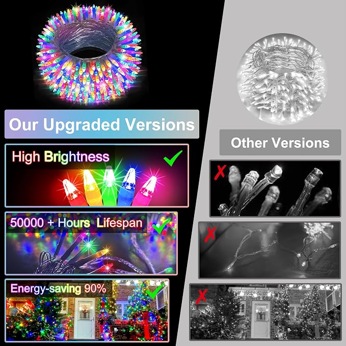 Christmas Tree String Lights 75FT 300 LED Multicolor | Dimmable, 12 Light Styles, Memory Timer, Waterproof, 29V Safe Low Voltage, Diamond-Faceted LED, Energy Efficiency