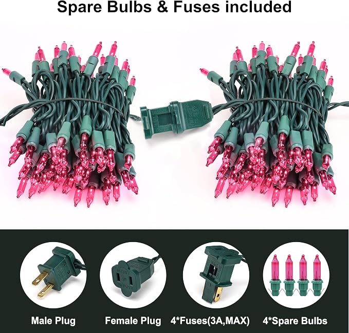 BrizLabs Pink Christmas Lights, 69.6ft 300 Count Incandescent String Lights | Connectable; UL Certified; Outdoor Mini Lights Set Xmas Light String for Indoor Outside Holiday Tree Valentine's Day Party
