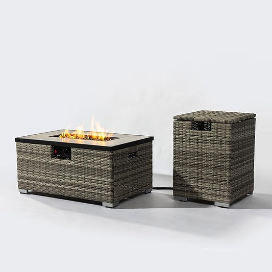 KEIKI 32 Inch Outdoor Patio Fire Pit Table with Propane Tank Holder, Rectangular Gas Firepit Set, 50000 BTU Wicker Heater with Wind Beads