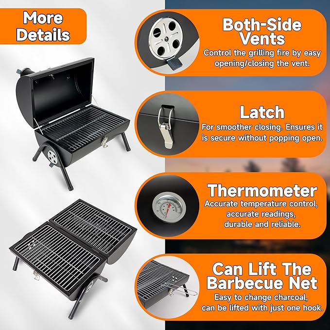 Portable Charcoal Grill for Camping & Outdoor BBQ, Compact Kettle Grill with Lid & Air Vents, Easy Carry Handle, Small Grill for Patio, Picnic, Tailgate (2–4 People)