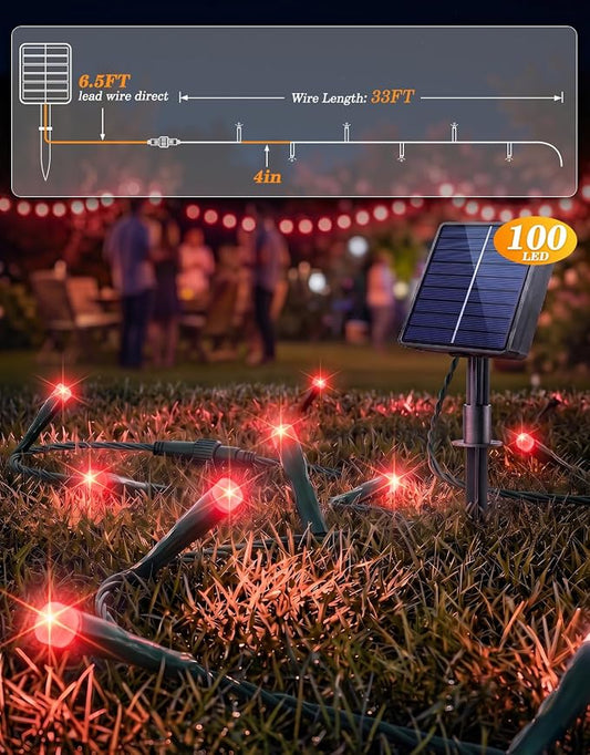 LitHome 2 Pack Solar String Lights Outdoor with Remote, Total 200LED 66FT | Solar Christmas Lights Outside Waterproof, 8 Modes String Light for Xmas Patio Garden Party Yard Tree Decor, Red