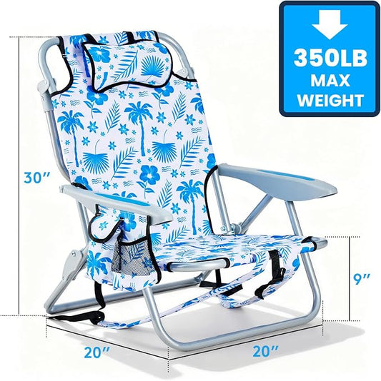 Portable Beach Chair for Adults, Outdoor Camping Chair Lay Flat Folding Backpack Beach Reclining Chair with 5 Positions, Headrest, Cup Holder, Heavy Blue Coconut Tree